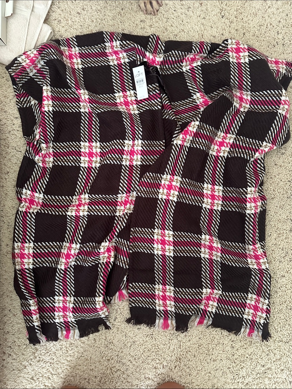 LOFT brown Plaid Scarf with Pink & White Accents